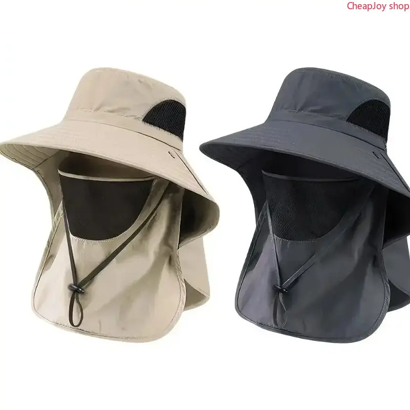 2/1pcs Unisex Outdoor Sun Cap - Wide Brim UPF Protection Fishing Headwear with Neck Flap, Detachable Face Cover, Quick-Dry Breathable Mesh, Adjustable Fit, Men's Accessories, for Hiking, Camping,summervibes