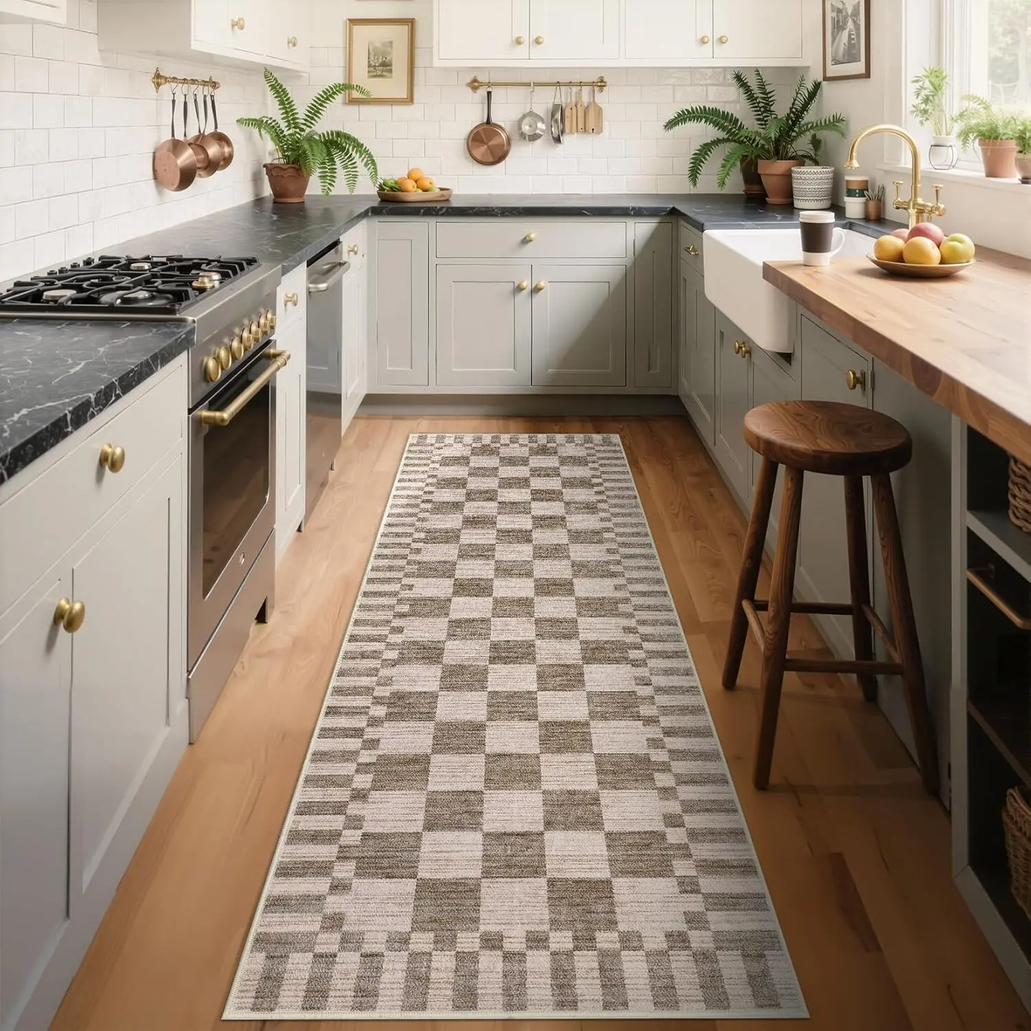 GarveeHome 2*6 Kitchen Runner Rug Non Slip Brown Checkered Rug,Washable Runner Rug for Hallway Soft Low-Pile Geometric Tan Brown Print Checkerboard Rugs for Entryway Kitchen Dining Room