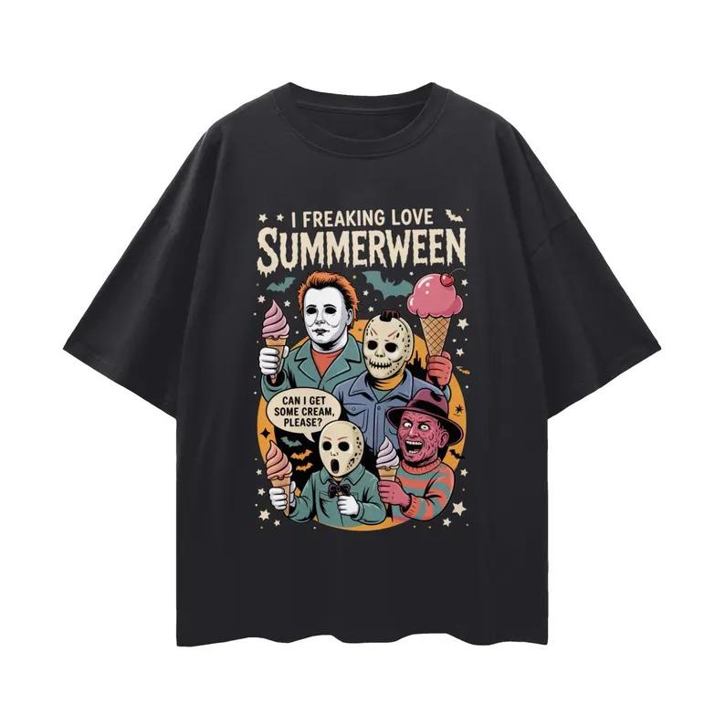 Summer Halloween Oversized Graphic Tee, Funny Gothic Horror Design, Spooky Season Vibe, Comfortable Unisex Fit, All-Season Wear