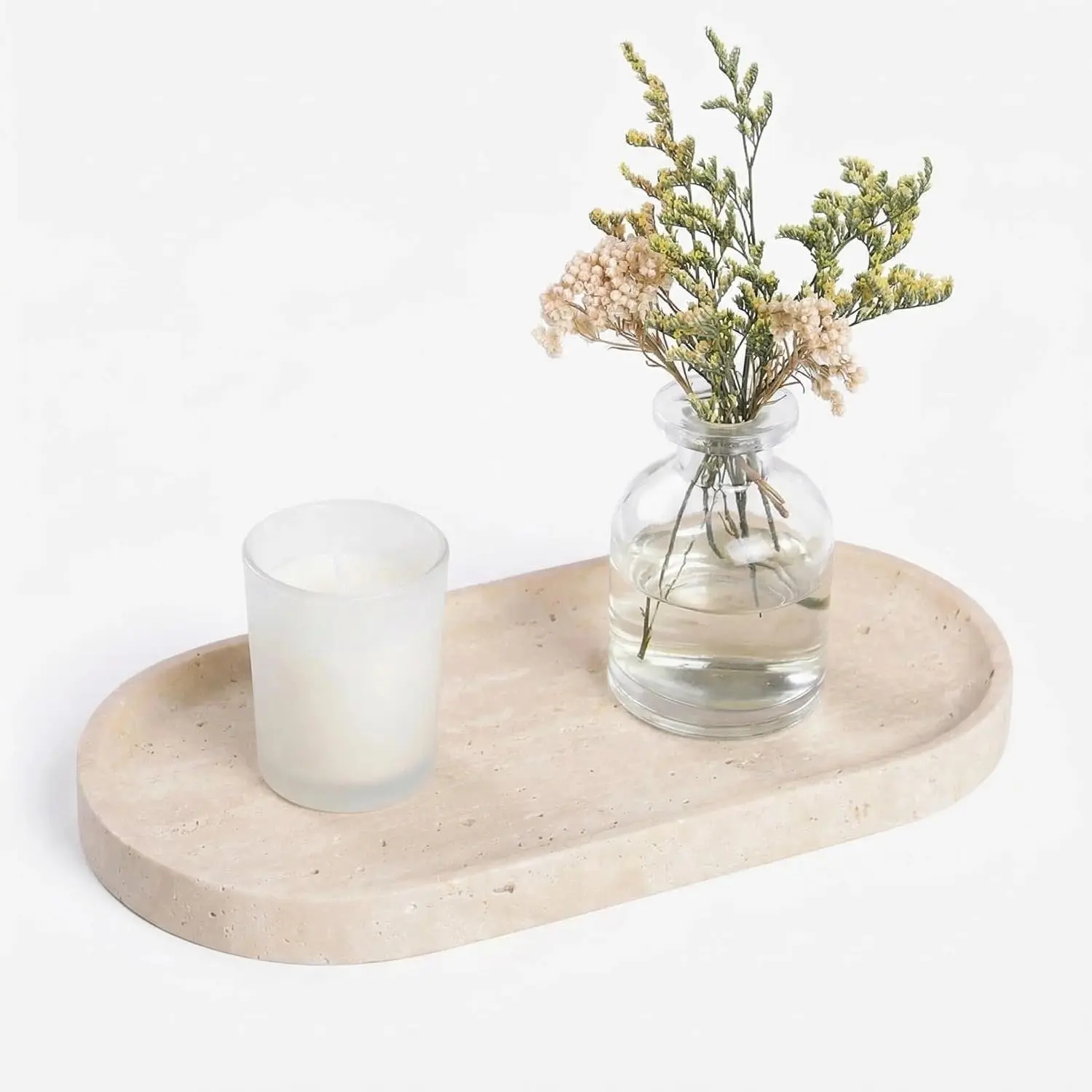 Beige Travertine Vanity Tray | Natural Stone Bathroom Organizer for Perfume & Jewelry | Non-Slip Waterproof Stone Tray for Spa, Bedroom, Kitchen | 9.8"x4.7"x0.6"