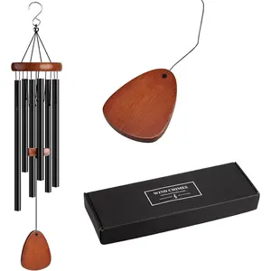 Wind Chimes for Outside Large Outdoor - Memorial Wind Chime Large Deep Tone, Wooden Black  Chime with 6 Tuned Tubes,  as a  for  Decor, Patio, Garden and Backyard