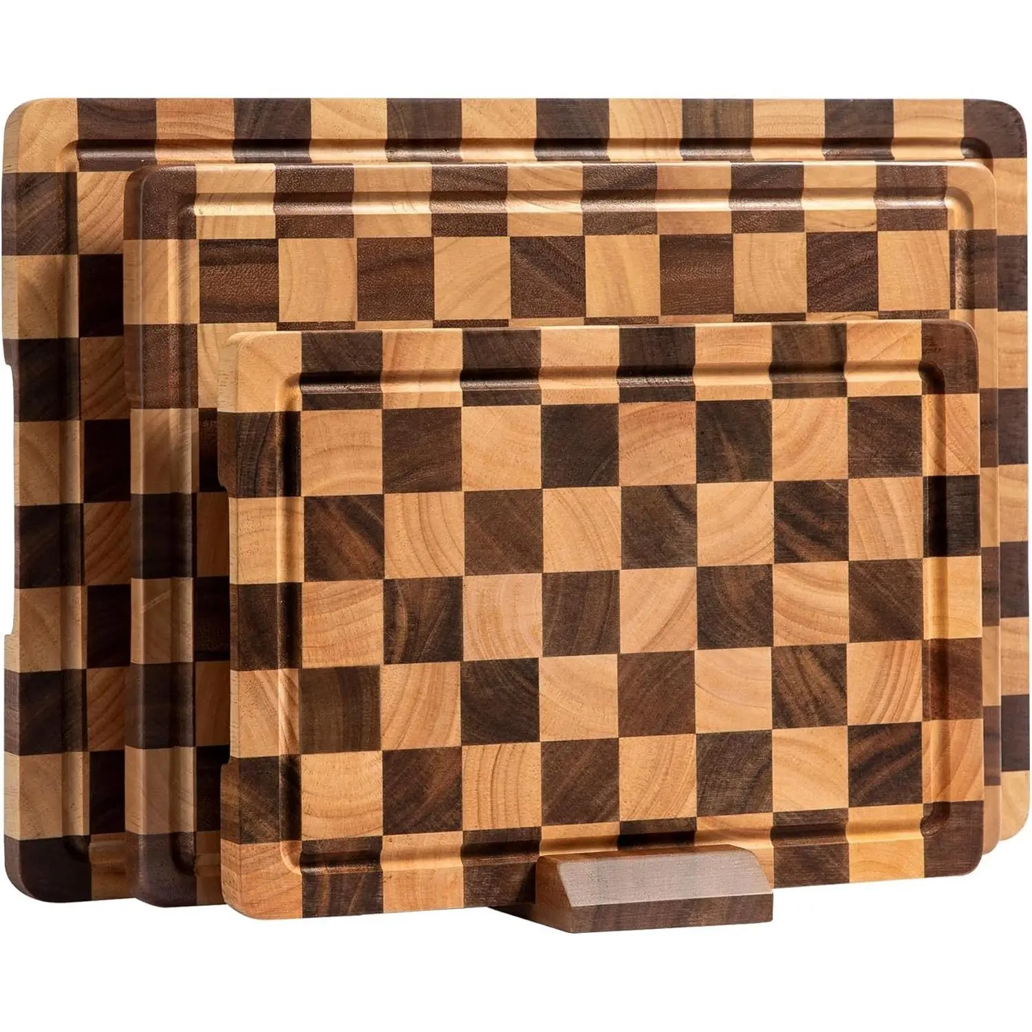 3 Pcs Acacia Wooden Checkered Kitchen Cutting Board Set, Chopping Board with Juice Grooves & Handles, Butcher Block Serving Tray for Meat, Vegetables & Fruits