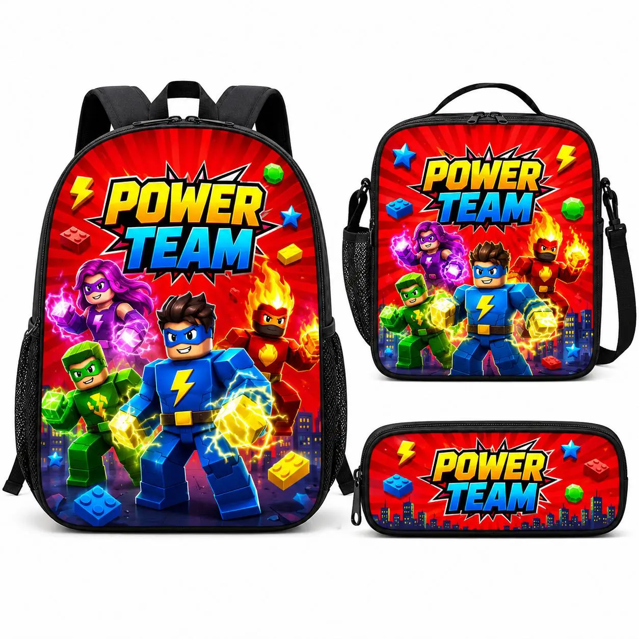 Lightning Superhero Pixel-Style Backpack Set – 3-Piece Set Including Backpack, Lunch Bag, and Stationery Pouch for Daily Outings