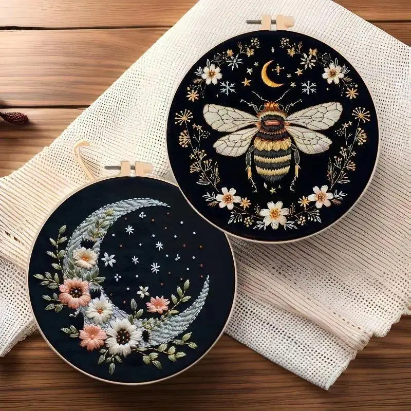 Beginner-Friendly DIY Hand Embroidery Thread Kit, Golden Butterfly & Silver Moon Cross Stitch Handicraft, Complete Set with Embroidery Thread & English Guide for Craft Hobbyists