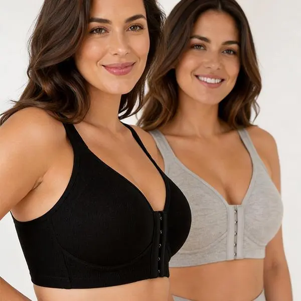 EssElegance Easy On Off Front Closure Bra Women Senior Mom Wireless Ribbed Bralette Wide Straps Full Coverage Support No Dig Seamless Smooth Back Soft Breathable Comfort Post Surgery Recovery Friendly Daily Wear Sleep Lounge All Season Everyday Lingerie