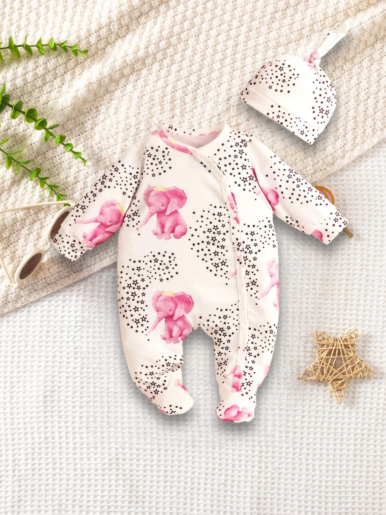 Spring Fall Baby Onesie with Hat, Cartoon Elephant Swim Suit, Long Sleeve Footed Zipper Crawling, Newborn Outdoor Clothes for Boys Girls