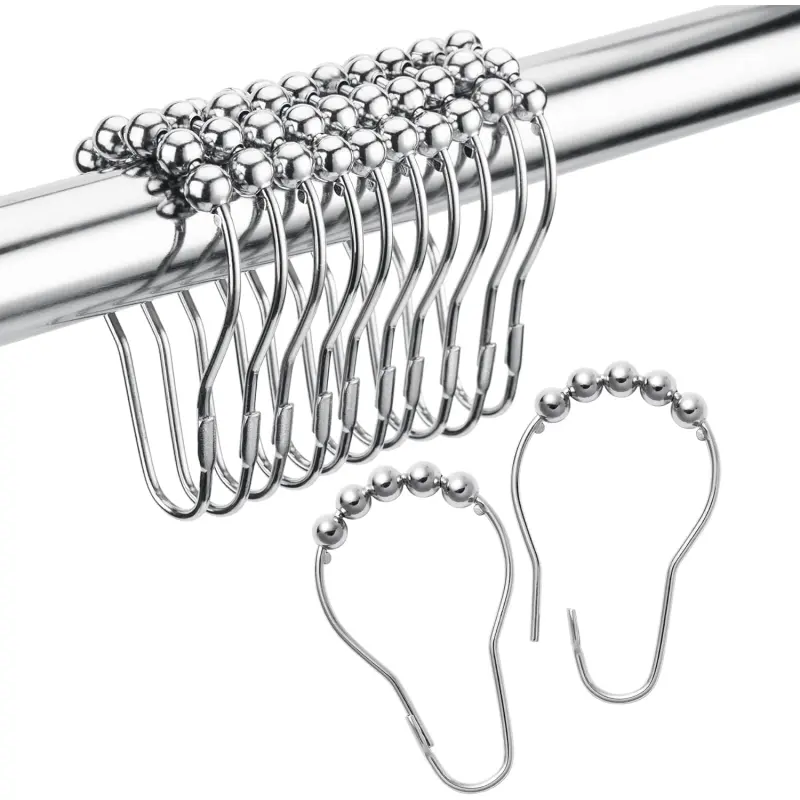 Stainless Steel Shower Curtain Rings Hooks, Anti-Rust Metal Shower Curtain Hooks with Roller Balls, Smooth Glide Shower Rod Rings for Bathroom Shower Rods & Liners