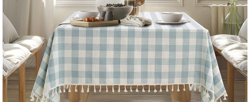 Checkered Tablecloth Rectangle Cotton Linen Fabric Gingham Table Cloth Buffalo Plaid Table Cover with Tassel Wrinkle Free Washable for Kitchen Dining Picnic, Blue and White, 55X55''
