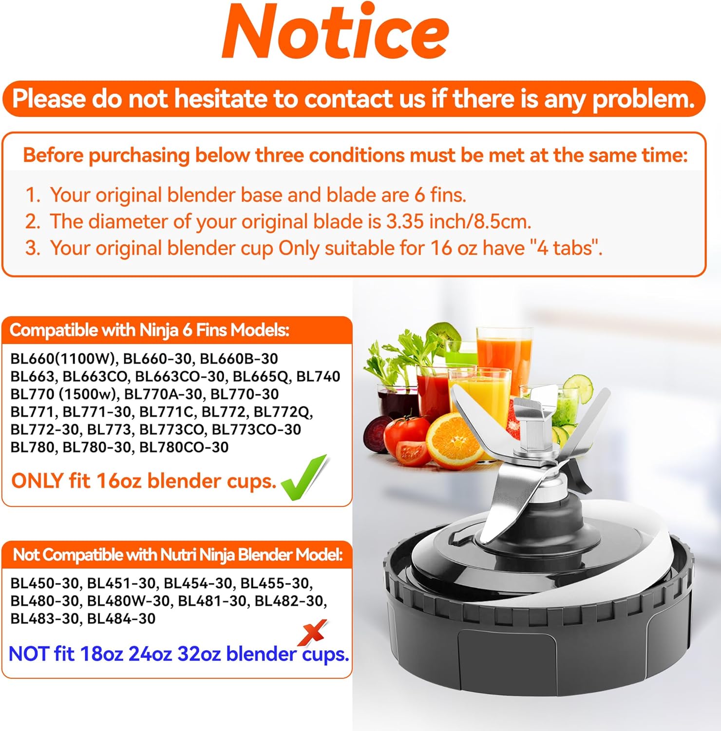 1-pack 6 Fins Extractor  Assembly for , 3.35inches/8.5cm Blender  Replacement  Compatible with  BL660 BL740 BL770 BL771 BL772 BL773CO BL780, with Hook, Brush, Rubber Gasket