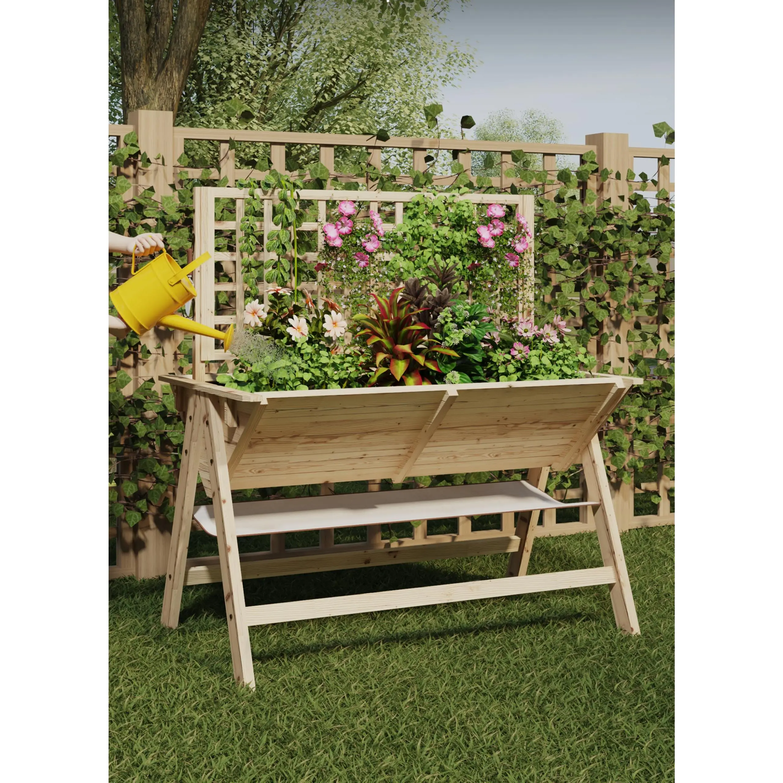 Spacious Raised Garden Bed with Trellis & Storage Shelf – Tall Wooden Planter Box with Legs, 10.6in Deep – Ideal for Outdoor Vegetables, Herbs, Flowers – Durable Elevated Design