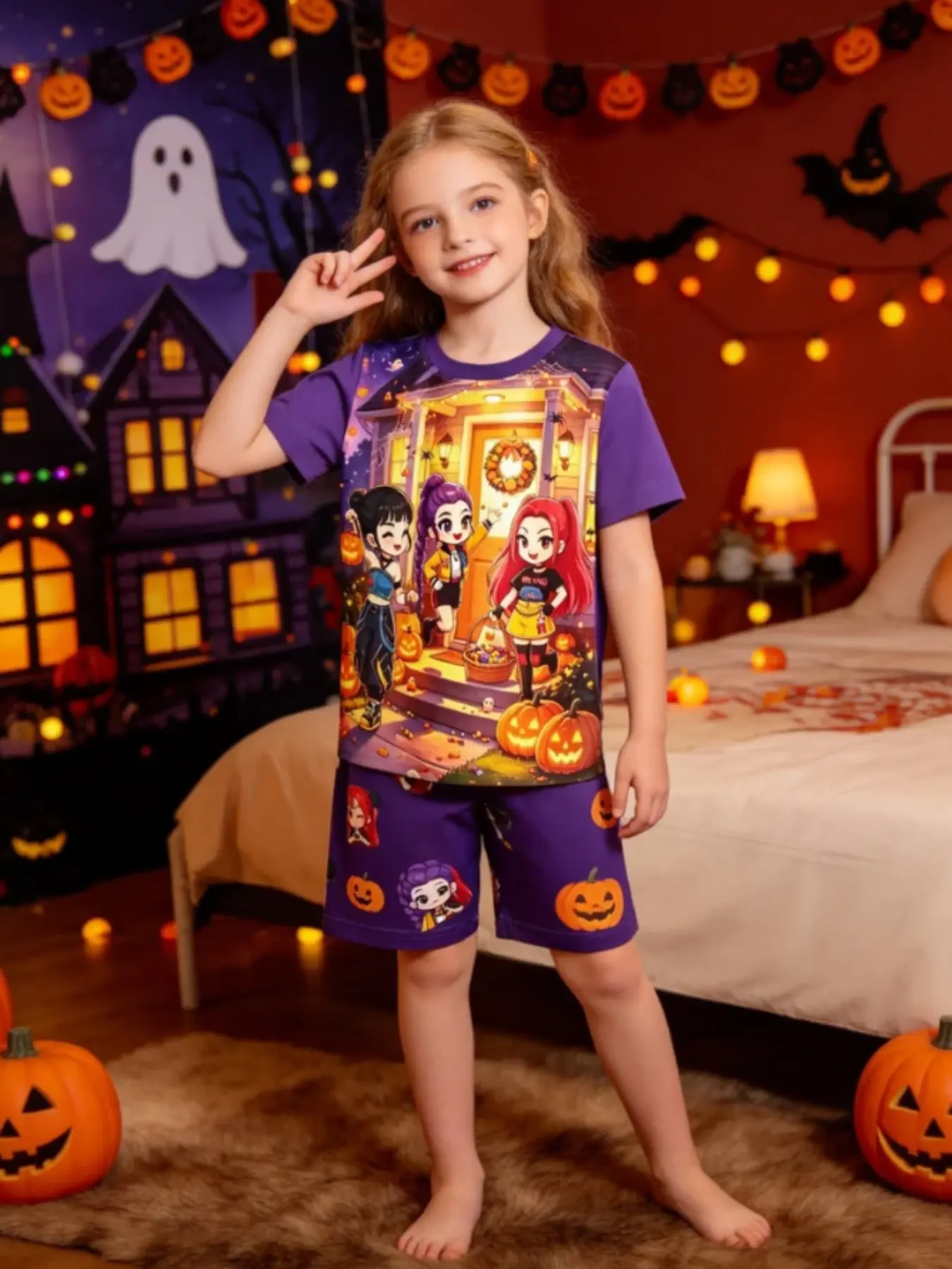 K-POP Halloween Girls' Short Sleeve Shorts Set, Cute Ghost Print, Kpop Star Design, Loose-Fit Casual Suit, Ages 5-14, All Seasons