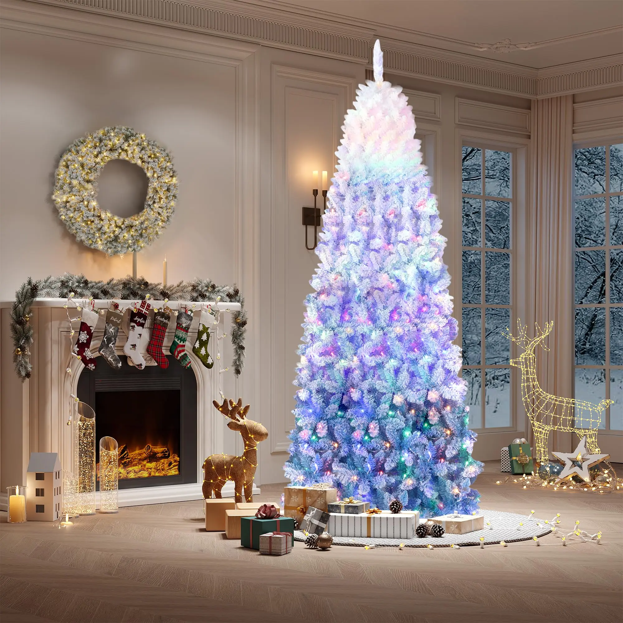 Slim Gradient Flocked Artificial Christmas Tree - Pencil Design with Dual-Color LED Lights - Realistic PVC Pine Needles, Sturdy Metal Stand - Ideal for Home or Office Holiday decoration- 7.5ft, 6ft, White Blue & Pink