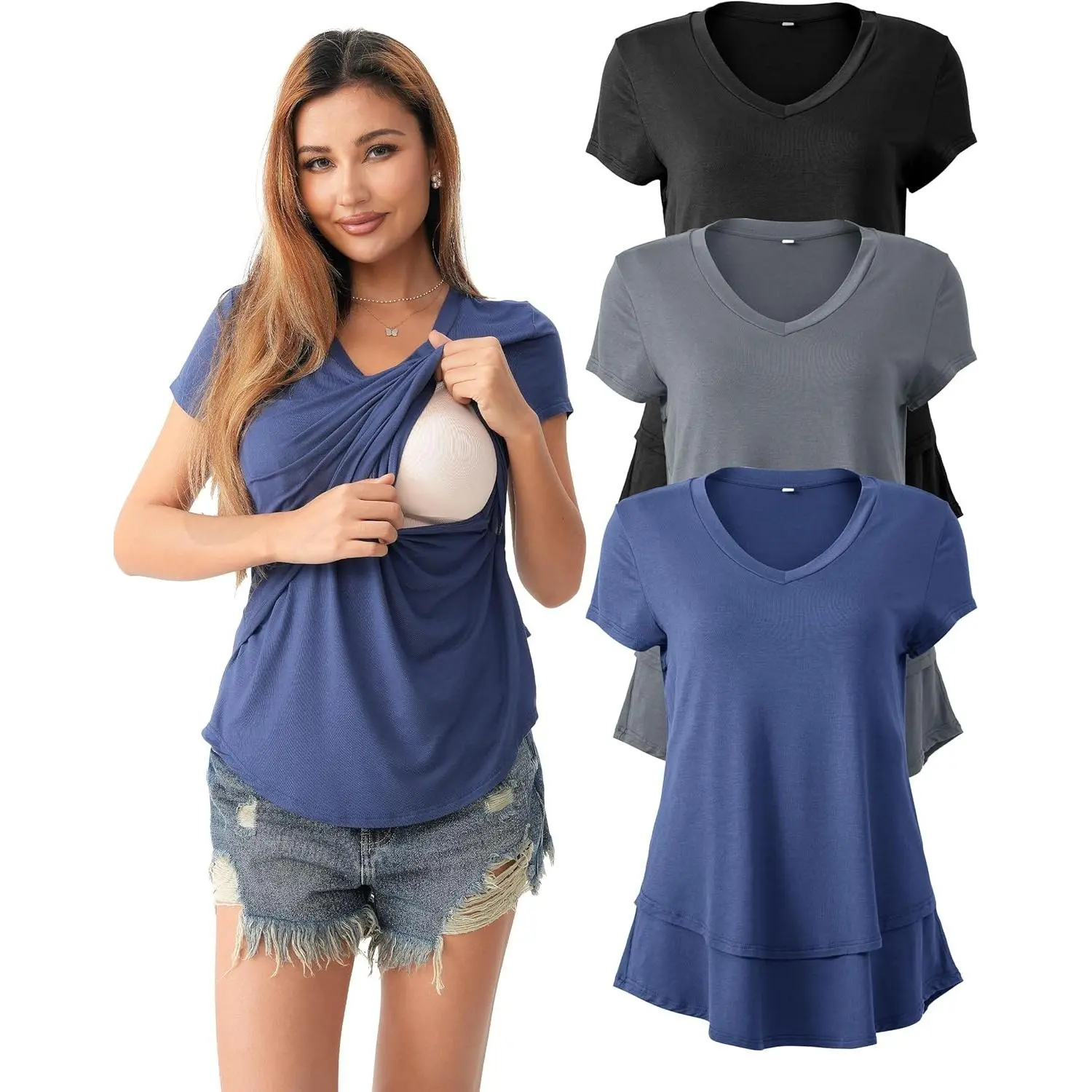 3 Pack Hidden Nursing Tops for Breastfeeding Women Double Layer V Neck Maternity Shirts Postpartum Tee(Gift)