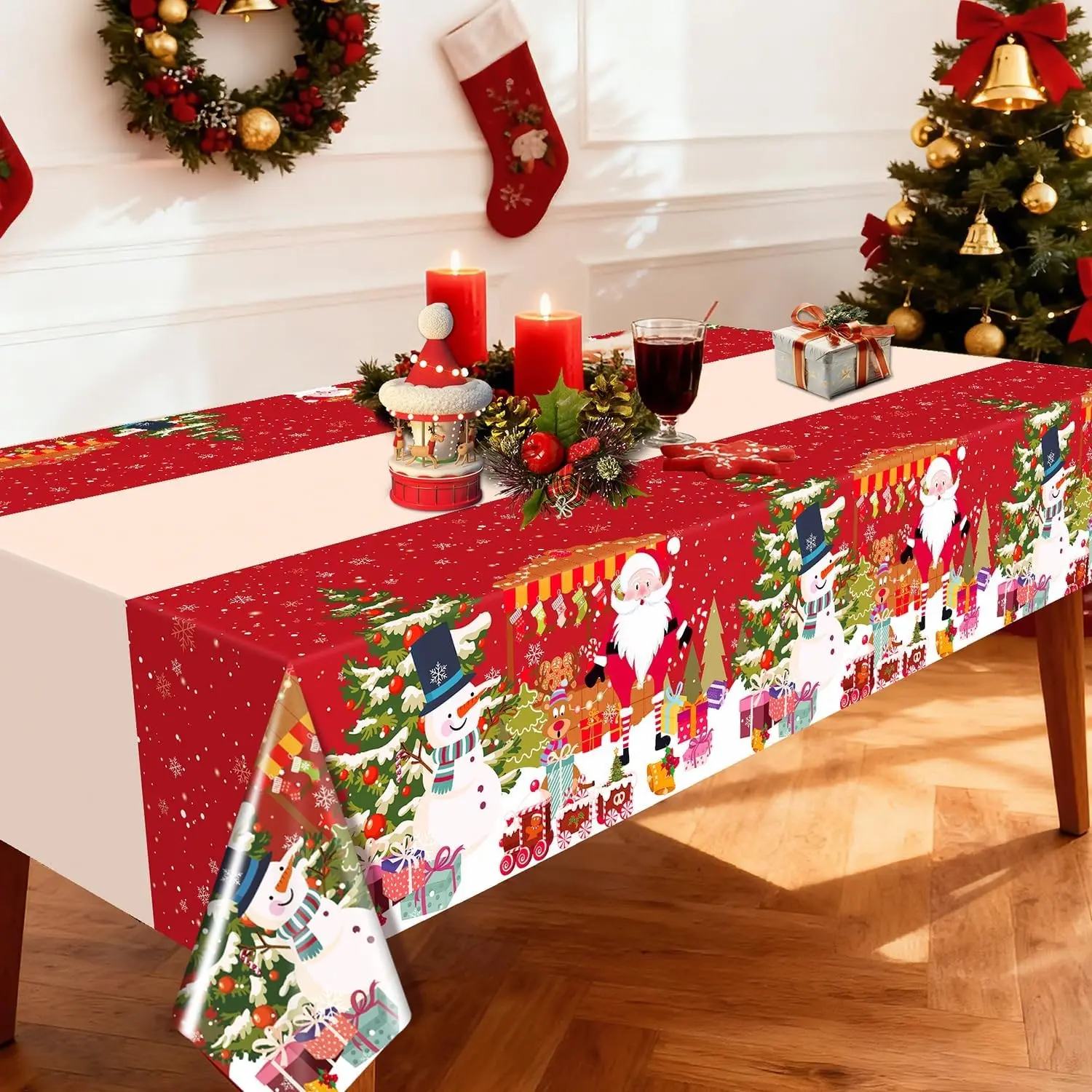 2D Flat Party Tablecloth 1pc, Polyester Christmas Snowman Tablecloth, Suitable for Rectangular Tables, Holiday Party Decorations