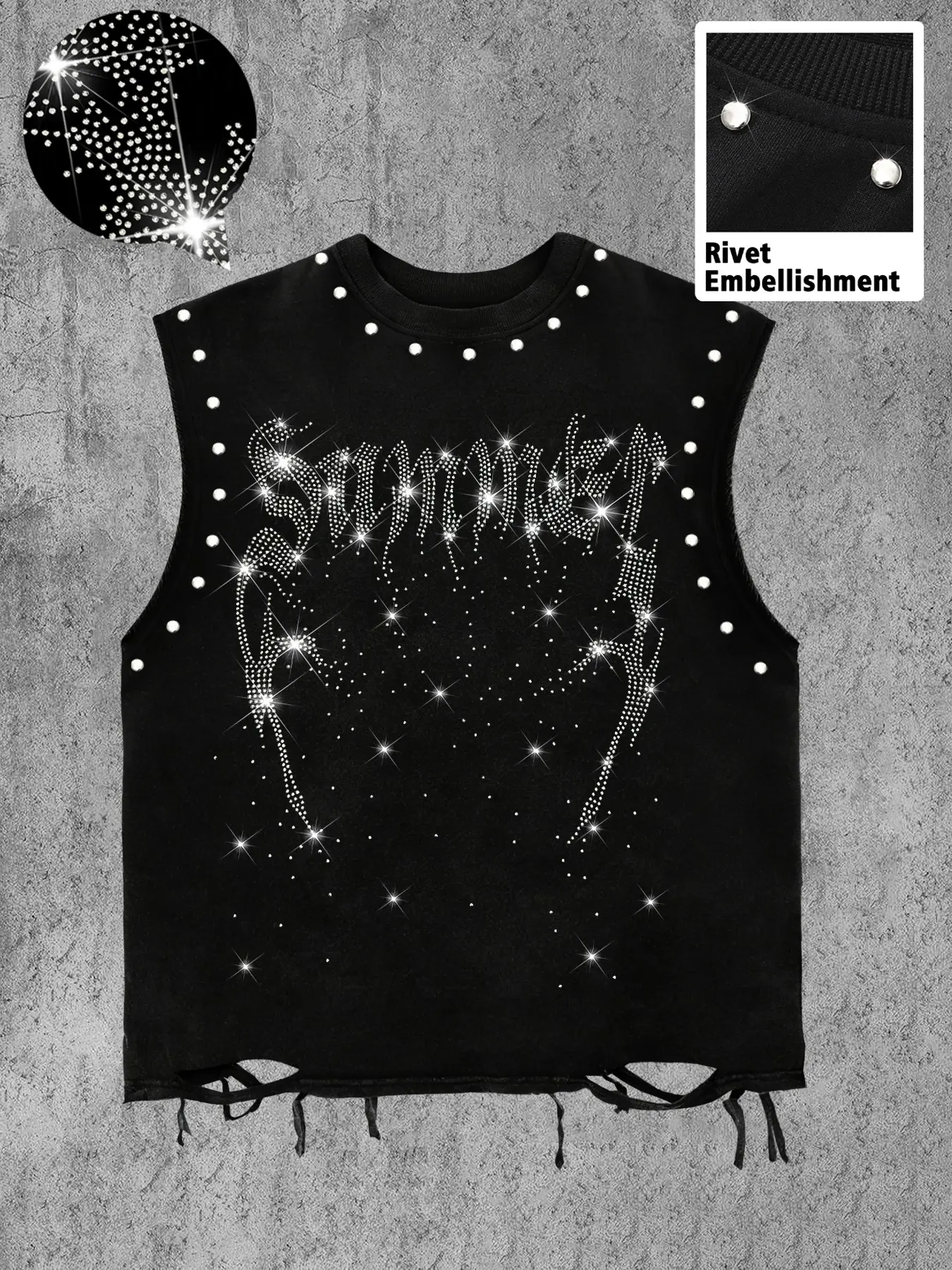 Men's Punk Hip Hop Vintage Sleeveless Vest, Rivet Neck Accessory, Glitter Rhinestone Gothic Letter Print, Fringe Hem, Loose Fit Streetwear