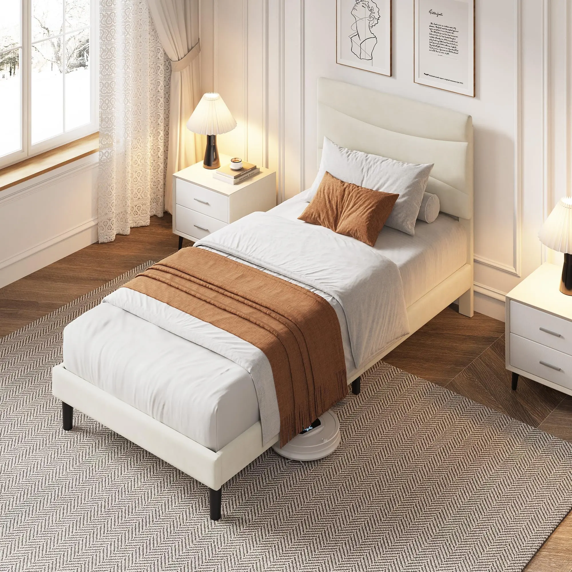 Garvee - Single Bed Frame with Headboard, Upholstered Platform with Sturdy Wooden Slat Support, No Box Spring Needed, Easy Assembly, Noise-Free, Beige Velvet