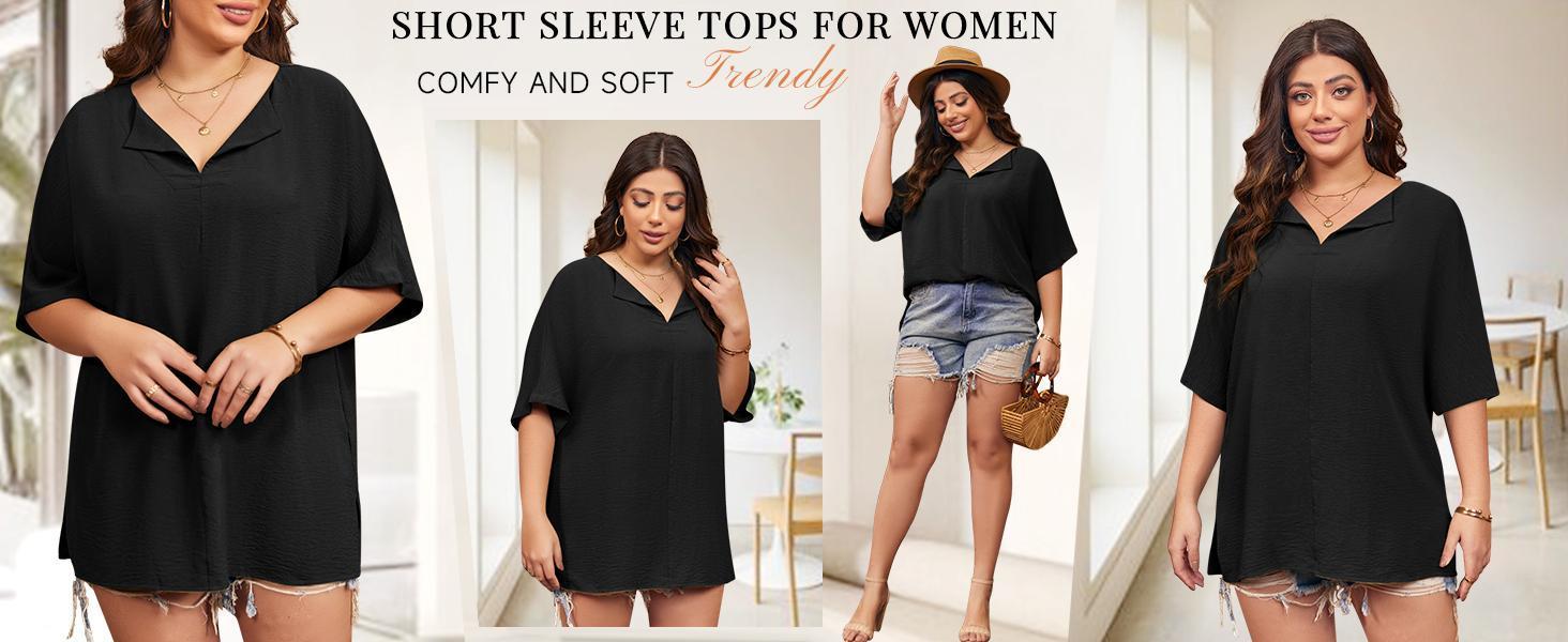 Imily Bela Curve Womens 2025 Plus Size Tops Short Sleeve V Neck Tee Blouse Summer Loose Fit Casual Tunic Top XL-5XL
