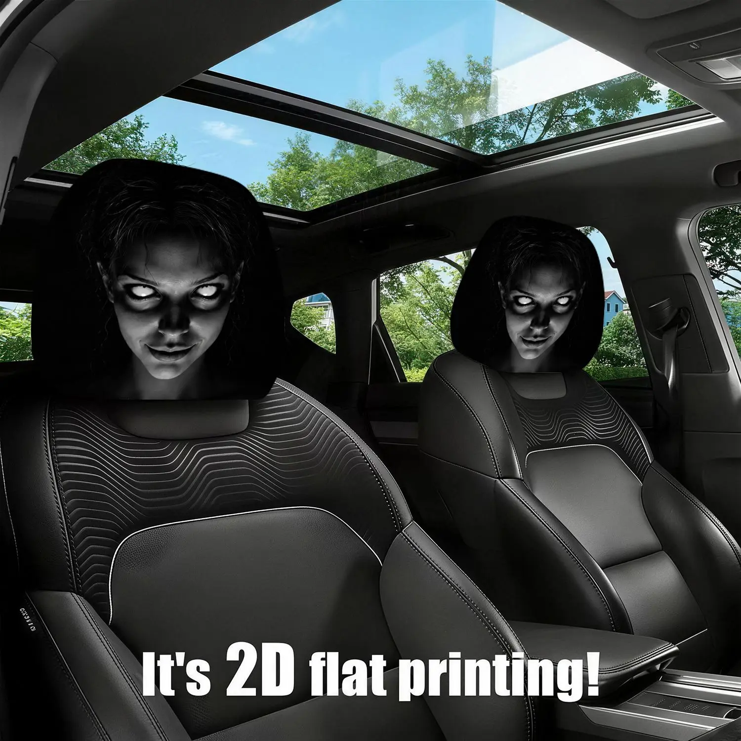 2Pcs Modern Horror Style Scary Ghost Face Portrait Print Car Headrest Covers, Universal Automotive Interior Decor Accessories For Seasons And Models, Easy To Install Daily Travel Essentials And Ideal