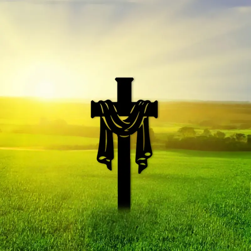 Garden gro spike, 1 piece. A solemn commemorative style metal garden decoration with a ribbon-wrapped cross design, perfect for giving to friends on Mother's Day, Easter, or Christmas, and an ideal gift for decorating balconies, patios, or gardens.