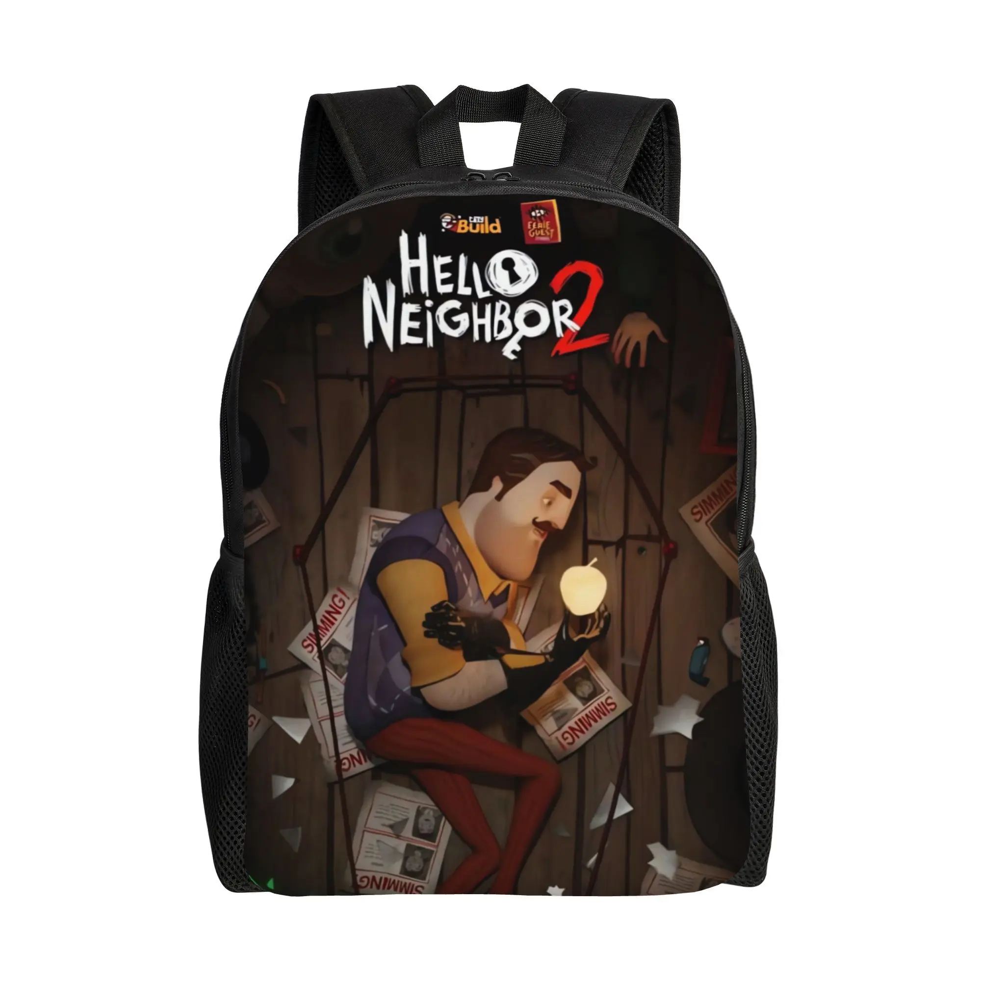 Bucked Up Hello Neighbor 2 Indie Horror Stealth Game Official Poster Print Backpack - 600D Oxford, Embroidering & Knot Accents, Unisex Dark Theme Laptop Daypack, Adjustable Padded Straps, Breathable Mesh Back, Multi-Pocket for Teen Gamer Boys