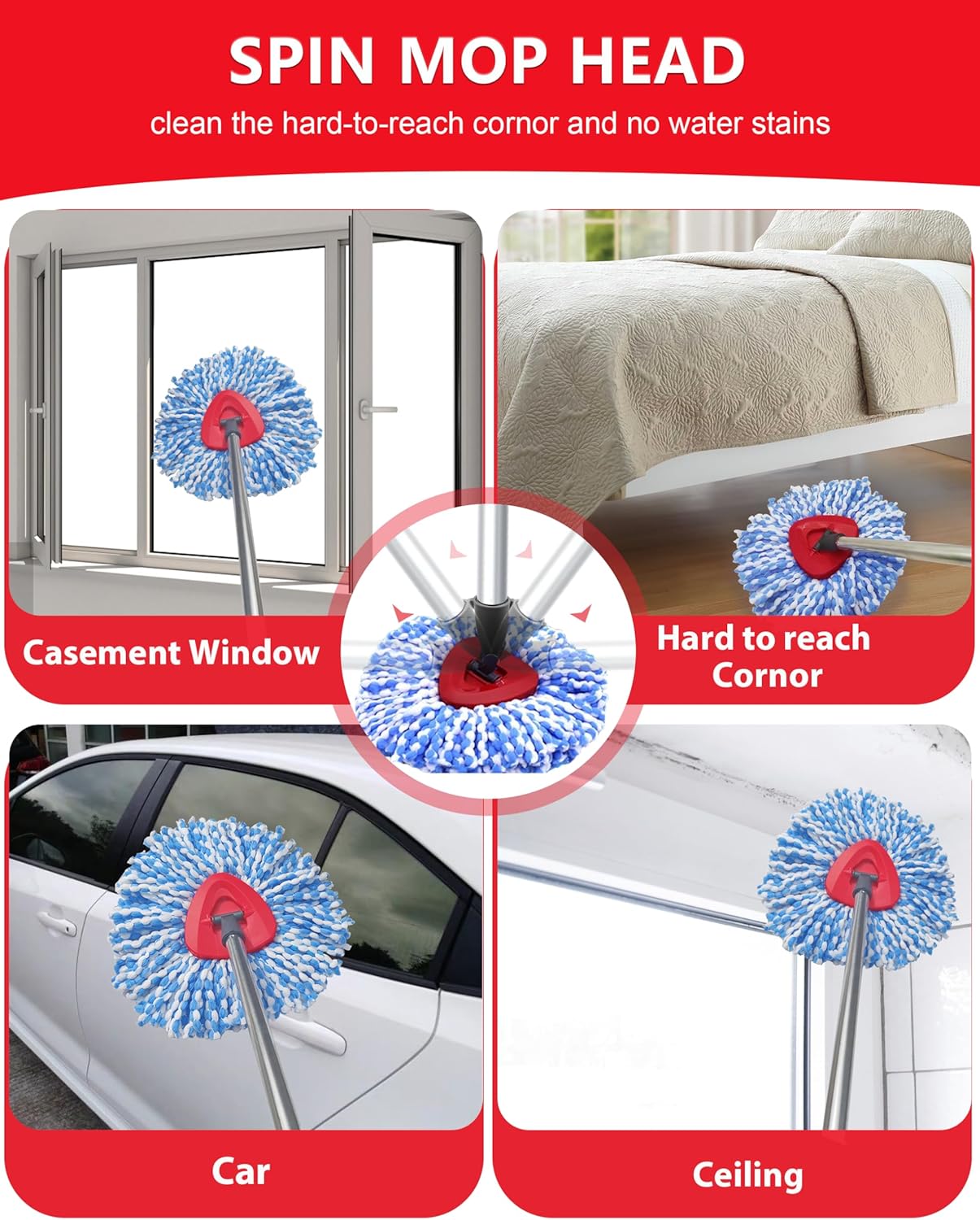 ONLY for 2-TANK SYSTEM) Spin Mop Replace Head Compatible with O-Cedar RinseClean 2 Tank, Mop Replacement Head  Base, 3 Microfiber Head Refills+1 Brush(Hide inside)+1 Base Combo Set (Blue)