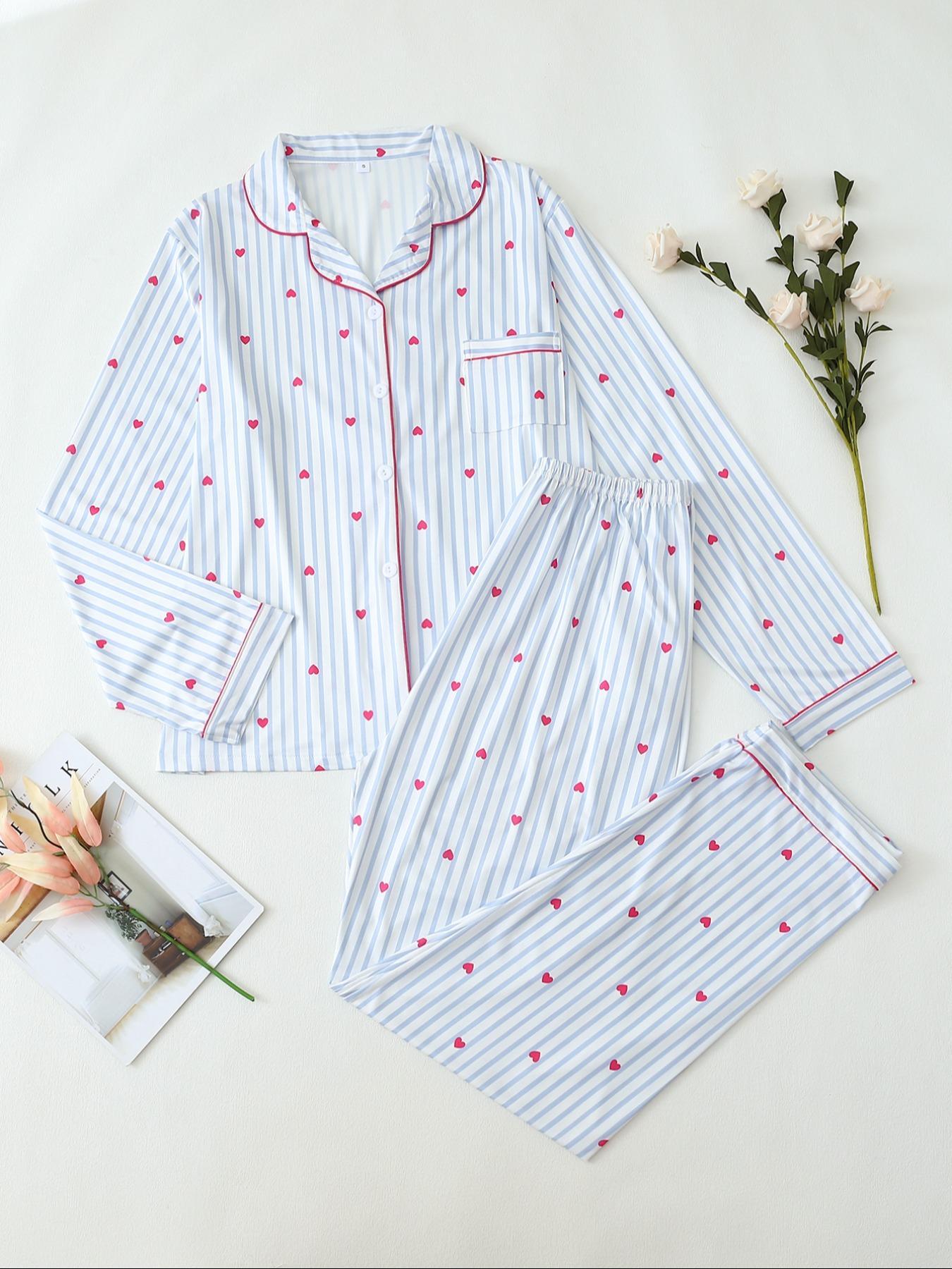 【Valentine Pajamas】Two-Piece Set Women's All Over Bow Print Button Front Shirt & Pants Pyjama, Casual Comfy Long Sleeve Lapel Neck Top & Trousers PJ Set, Women's Sleepwear for Spring & Fall