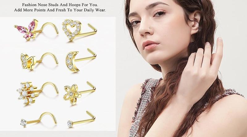 2025 Summer 16Pcs Nose Rings - Women's Surgical Steel Nose Studs & Hoops  20G,L Shaped, Corkscrew, Gold, Silver)