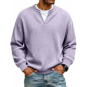 2026 New Spring/Summer Men's Minimalist Waffle-Knit Long-Sleeve T-Shirt – Versatile Solid-Color V-Neck Pullover (Western Market Style)