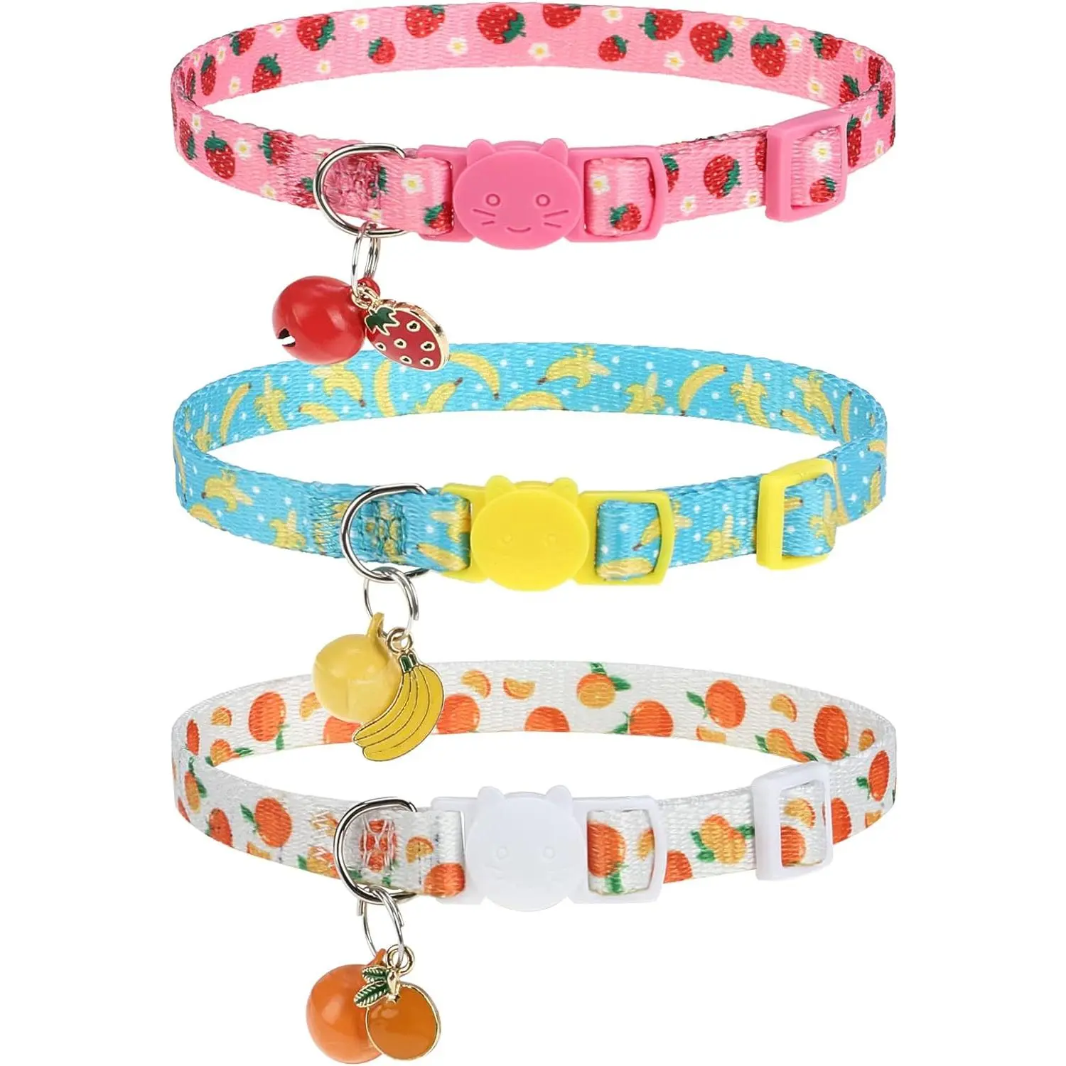 3-Count Breakaway Cat Collars - Adjustable Polyester Safety Collars with Removable Bell, Fruit Theme Banana Pattern, Adorable Pendants, 8-12 Inches, Fit for Cats