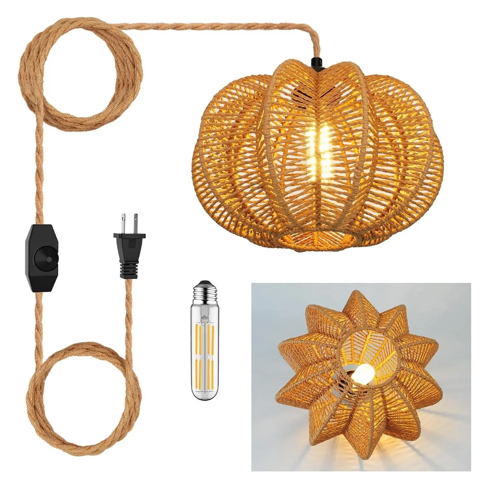 Plug-in Pendant Light Rattan Hanging Lamp with 15FT Hemp Rope Cord, Dimmable Switch - Indoor Hanging Light for Boho Living Room Bedroom (Bulb Included) 11 x 7 inchGift