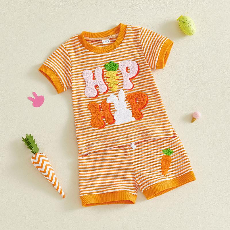 Toddler Baby Little Girl Easter Shorts Set Short Sleeve Carrot Bunny Letter Embroidery T-Shirt and Shorts Outfits 0-3 Years
