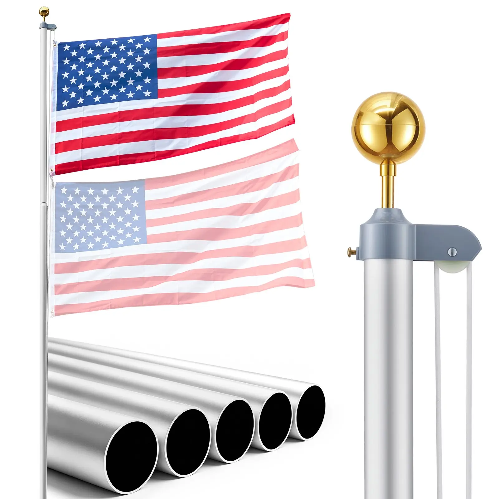 VEVOR 20ft Heavy-Duty Sectional Aluminum Flag Pole Kit, Extra-Thick In-Ground Flagpole with 3x5 American Flag for Residential, Commercial Yard Use, Silver