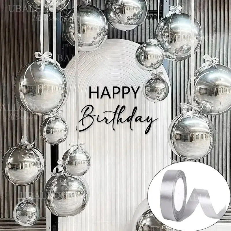20 4D balloons with ribbons, 22/18/15/10inch metallic round foil hanging balloons, suitable for birthday and wedding party decorations