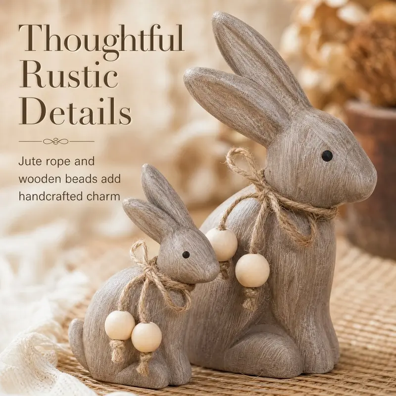 Wood Texture Rabbit Figurine Set, Resin Bunny Statue with Rope Bead Decor, Farmhouse Easter Animal Ornament for Home Desktop Shelf Decor Gift