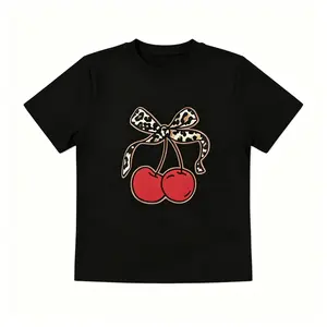 Leopard Bow Cherry Graphic Tee for Women White Cotton T-shirt Cute Coquette Summer Casual Gift