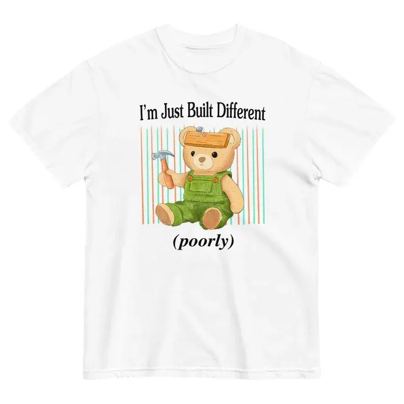 Silly Carpenter Bear Graphic T‑Shirt, Humorous Cartoon Printed Craft Tee, Oversized Comfort Cotton Short Sleeve Top, Fashion Meme Vibe Outfit For Men Women, Funny Gift For Her, Nice Holiday Present For Friends And Lovers
