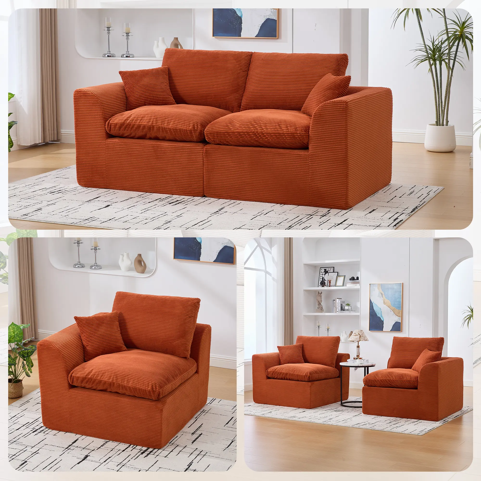 ARCH Modular Sectional Sofa Cloud Couch 2 Seater Corduroy Living Room Furniture with Removable Cushion Covers High-Density Foam Fill No Assembly Required Orange for Apartment Dorm Bedroom, Orange Color Options, Corduroy Material, Product Dimensions: