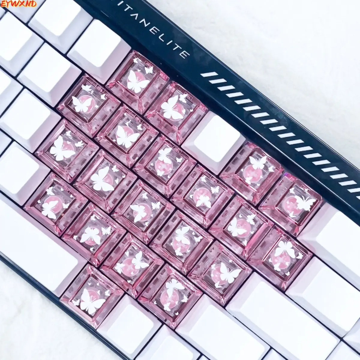 EYWXND Pink Transparent Butterfly Resin Artisan Keyboard Caps, Custom Handmade White Sakura ESC OEM Profile Keycap for MX Switch Mechanical Keyboards, Cute Sports & Outdoor Accessory for Girls