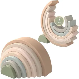 Rainbow Stacking Toy, Silicone Rainbow Stacker for Toddlers, Montessori Nesting Blocks, Building Creative Color Shape Matching Toy Set, 7 Layers (Brown)fidget toys