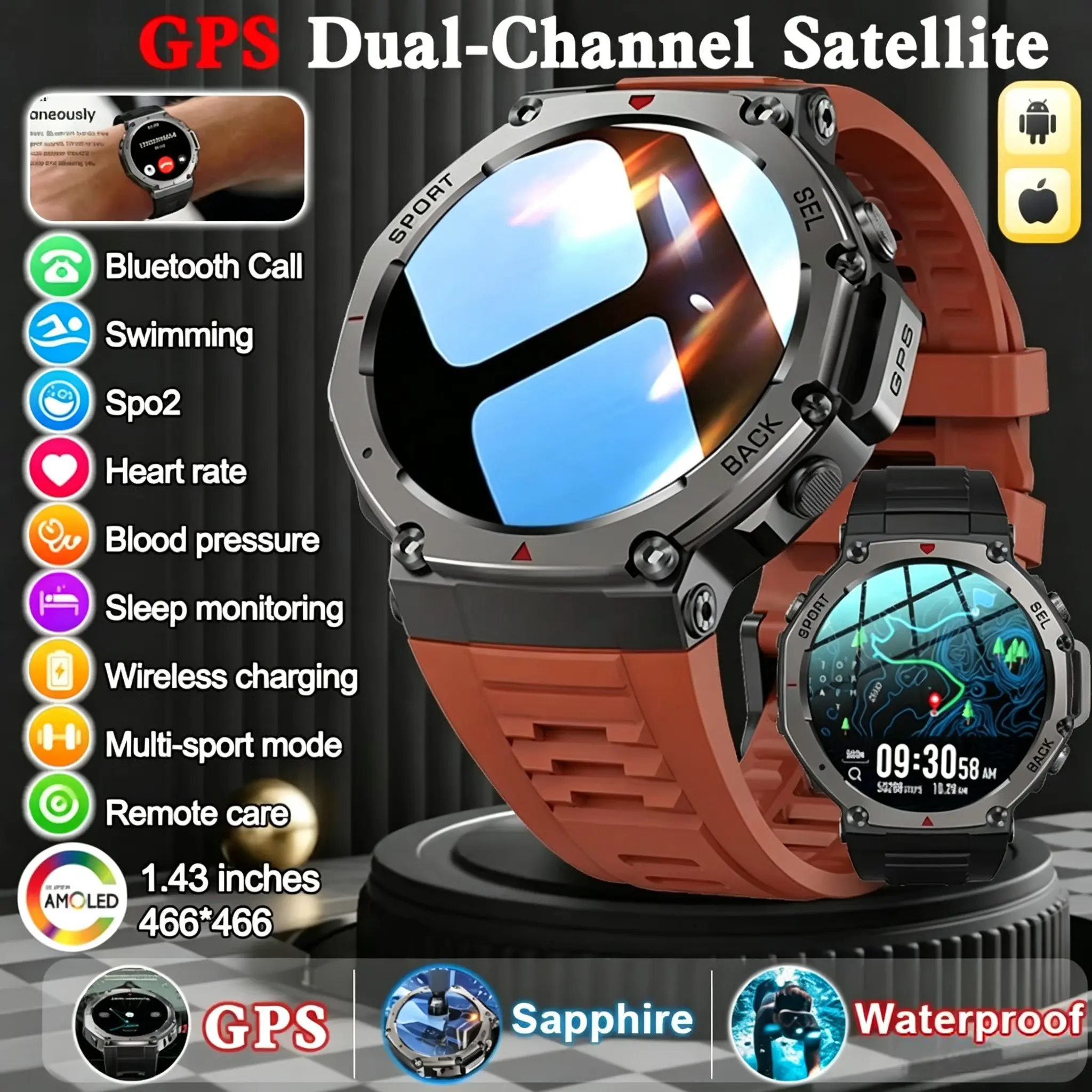 New Military Bluetooth Call Smart Watch Built GPS Compass Barometric Altimeter 5ATM Waterproof Multisport GPS Smartwatch Sports Smartwatches Men