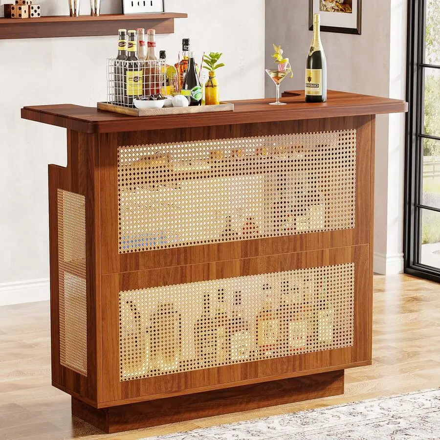 Rattan Home Bar Unit, Farmhouse 4-Tier Bar Table With 4 Stemware Racks, Liquor Wine Bar Cabinet Home Pub, Brown