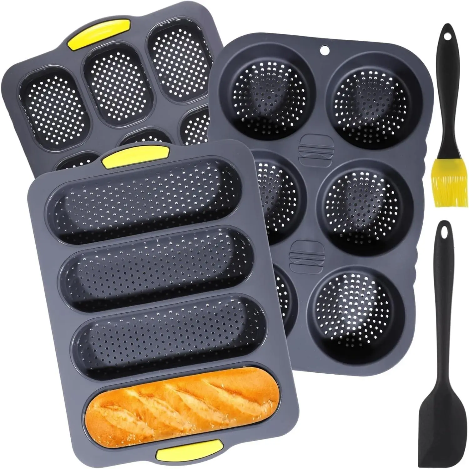 Silicone Hamburger Bun Mold Set of 5, Including 4 6 9 Cup Silicone Hamburger Bun & Baguette Pan with Scraper and Oil Brush, Nonstick Baking Tray Bread Pans for Homemade Bread Loaf Sandwich