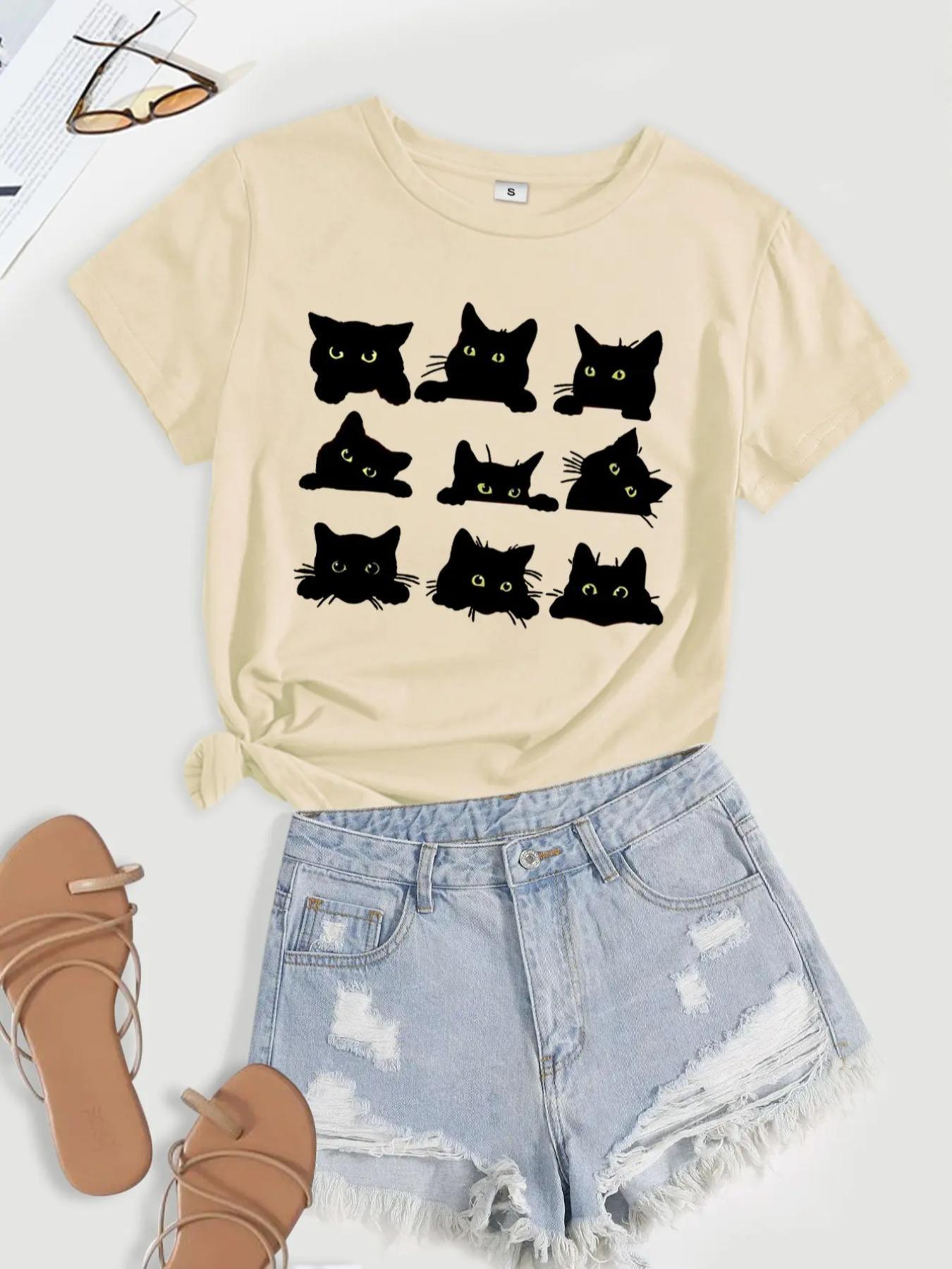 Women's Cartoon Cat Print Short Sleeve Jersey Tee, Casual Fashion Round Neck T-shirt, Summer Clothes Women, Women's Top for Daily Wear, Clothing