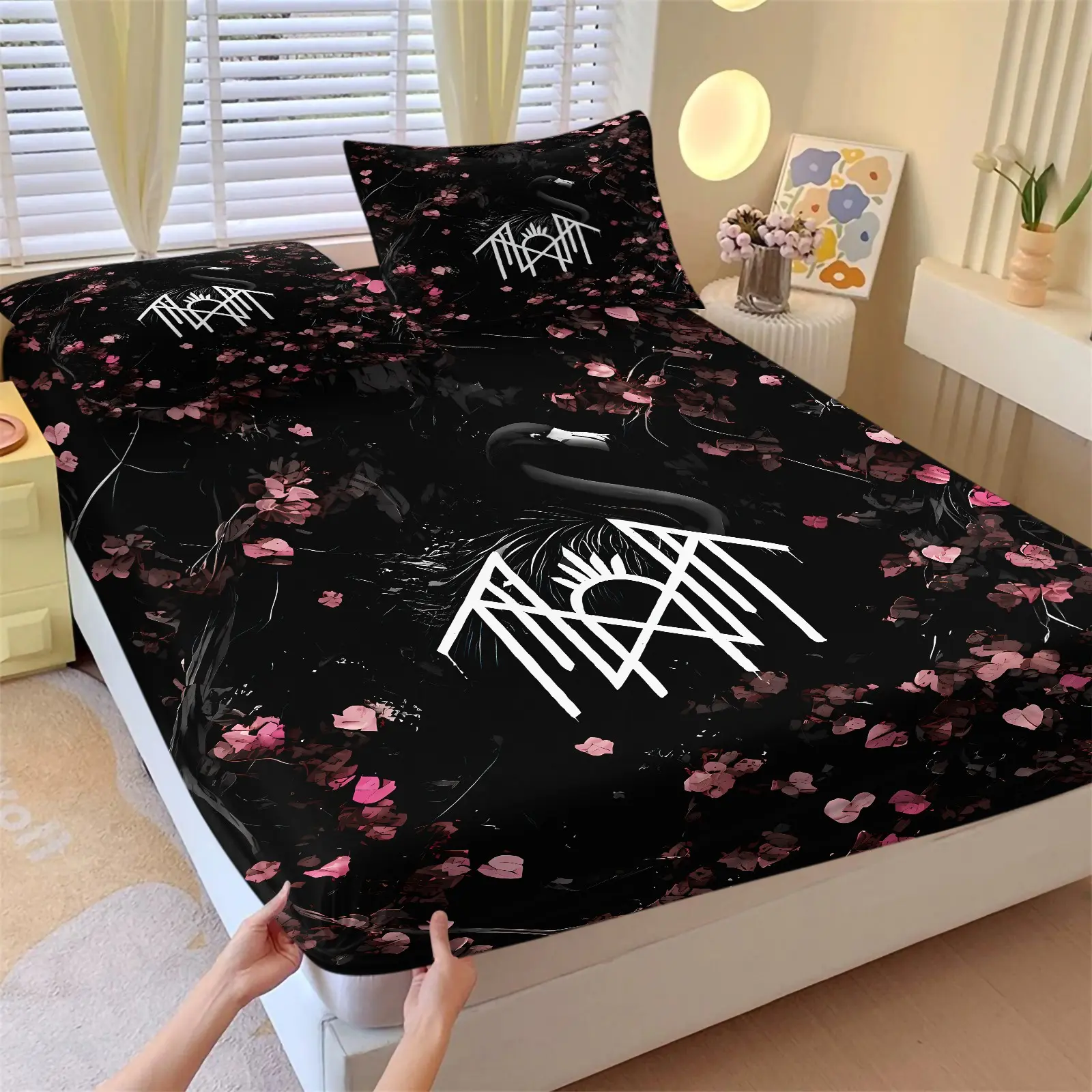 Black Base Black Swan Falling Petals Sleep Token Fitted Sheet Set & 2 Pillowcases, Petal Swan & Band Logo Print Bedding, Elastic Binding Deep Pocket, Dark Gothic Romantic Style Teens & Fans Bedroom Dorm Decor, Bed Sheet Sets