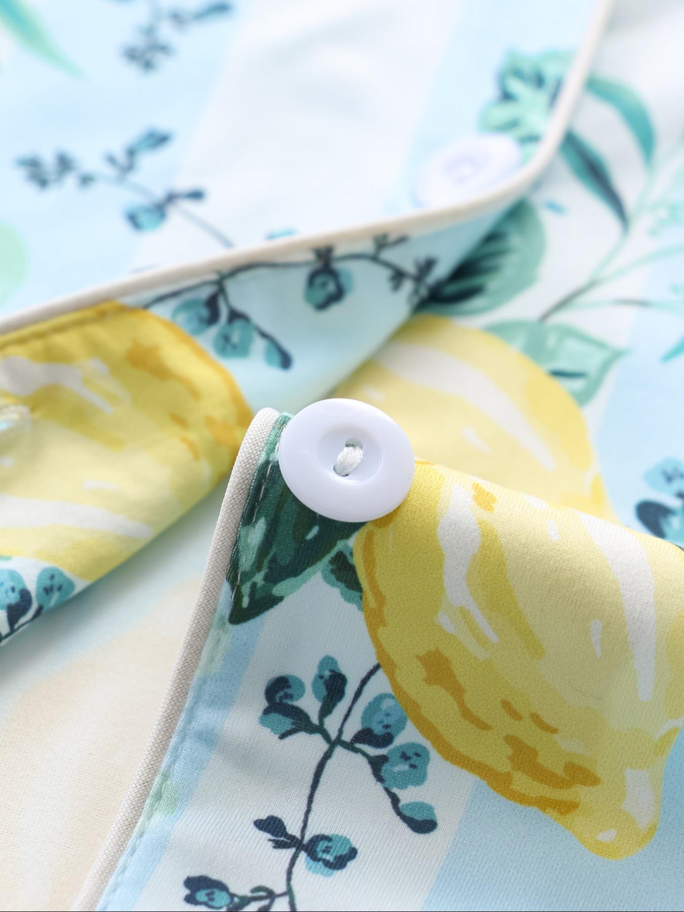 Women's Lemon Print Short Sleeve Pajama Set, Fruit Print Pajama, Button Front Chest Pocket Design Lapel Neck Shortsleeve Top & Elastic Waist Shorts Set, Ladies Summer Sleepwear