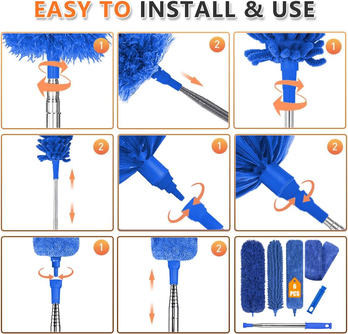 Microfiber Duster, 6 count Washable Bendable Dusters with 100" Telescopic Pole, Cobweb Cleaner for Ceiling Fans, Lights, Blinds, , Furniture (Blue) Microfiber Duster, 6 count Washable Bendable Dusters with 100" Telescopic Pole, Cobweb Cleaner for Ceiling Fans, Lights, Blinds, , Furniture (Blue)