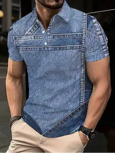 Men's Short Sleeve Polo Shirt with Denim-like Spliced Prints, a Trendy and Retro Casual Style
