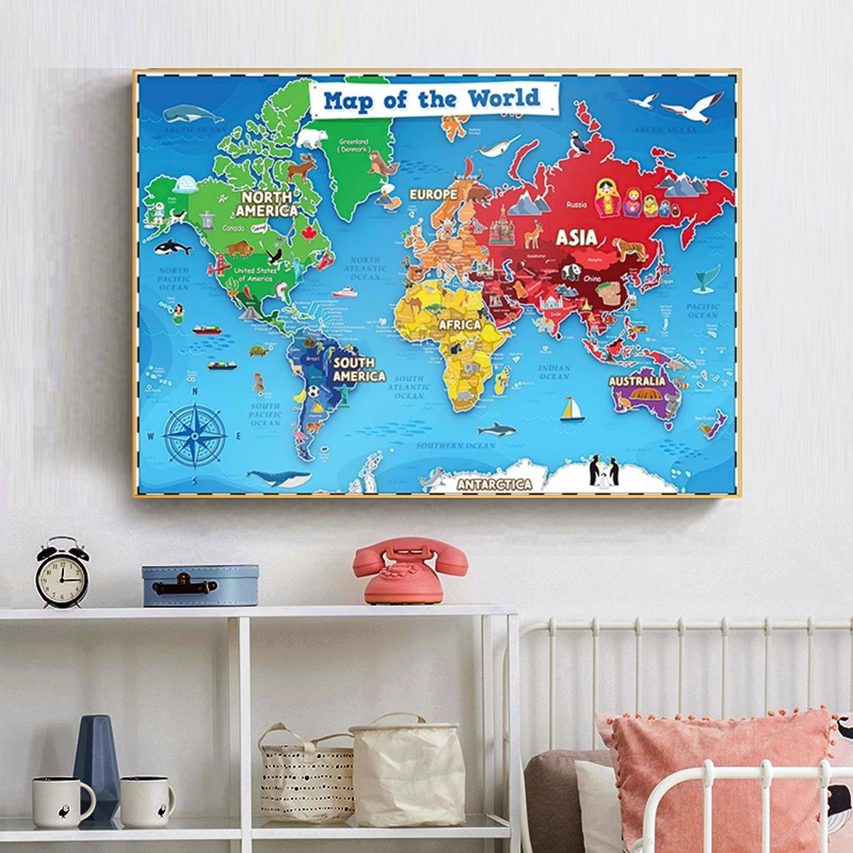 Cartoon Map Pattern Unframed Painting, World Map & United States Map ...