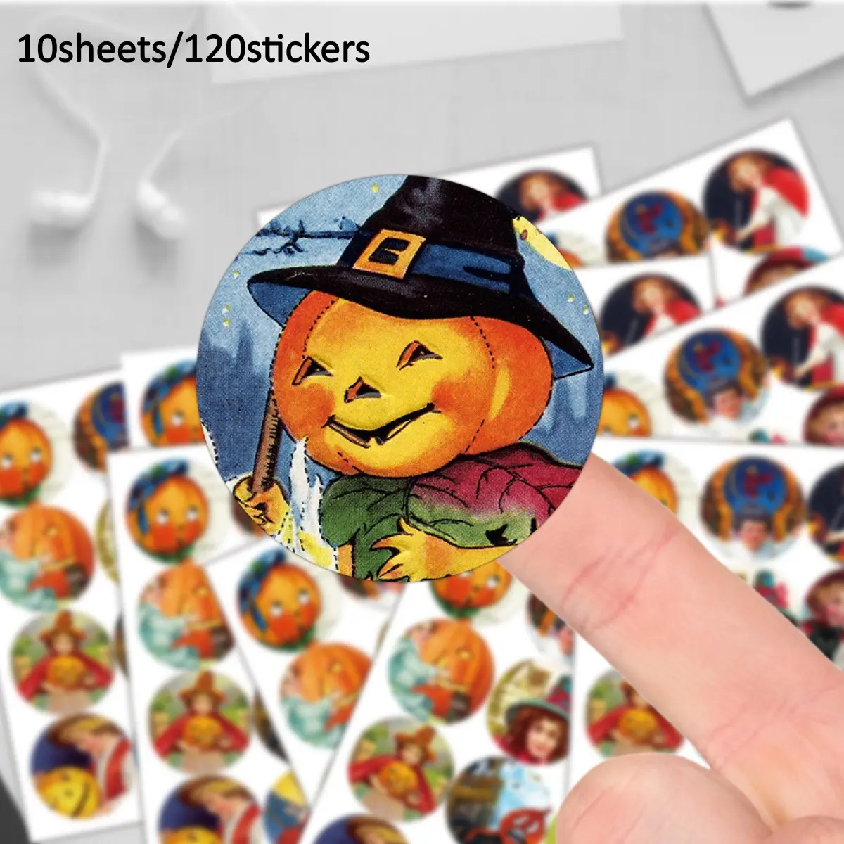10sheets Halloween Theme Stickers - Spooky Pumpkin, Black Cat & Witch Patterns Halloween Round Labels for Gift Wrapping, Envelope Seals & Party Decoration, Halloween Gift Stickers
