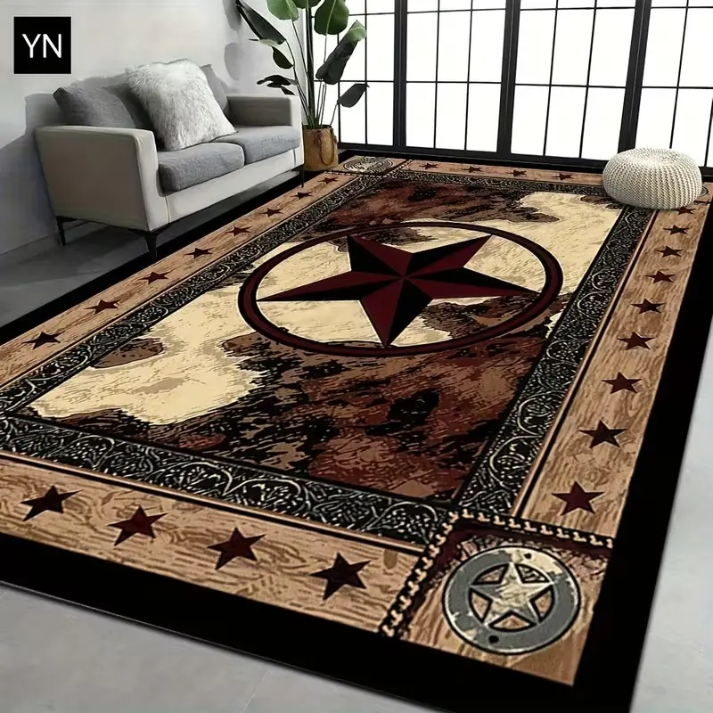Western Star Pattern Area Rug. Velvet Mat, Area Rug Product, Under-Bed Rug, Washable Rug, Outdoor Rug, Home Decoration, Machine Washable, Dustproof, Large Size Rug on Clearance Sale, Durable, Decorative, Non-Slip, Floor Mat, Living Room Rug. The velvet fa